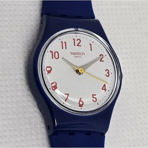 Women's Swatch Swiss Round White Dial Blue White Blue Red Rubber Strap Watch 04 - Picture 6 of 8